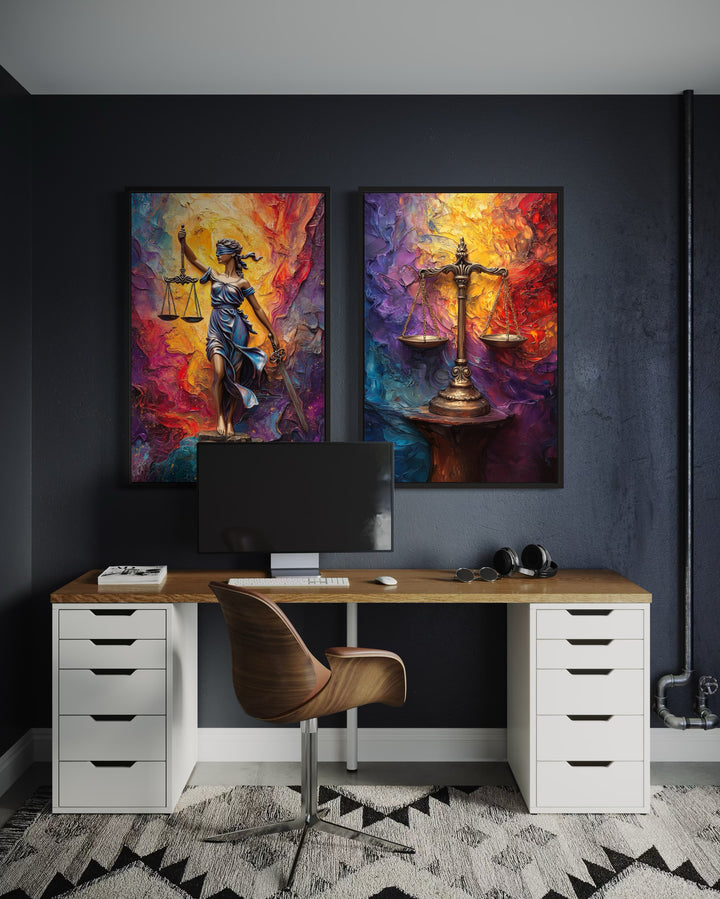 Lady Justice And Scales Of Justice Colorful Set Of 2 Law Firm Canvas Wall Art in the office