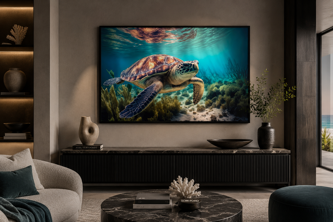Sea turtle swimming over a coral reef on a large canvas wall art in a modern living room.