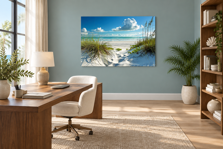 Coastal wall art of white sand dunes and sea grass in a modern home office with a wooden desk.