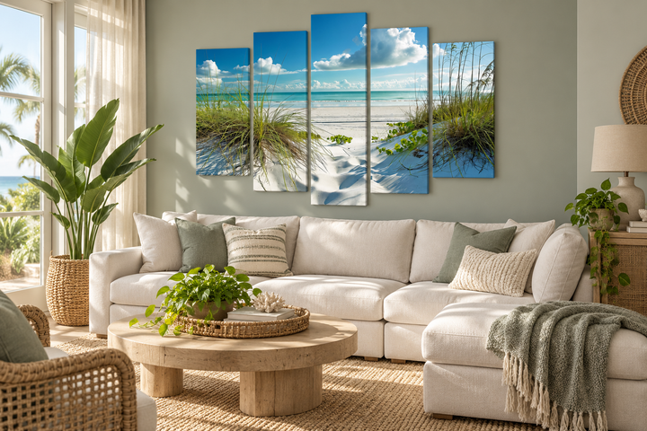 5 piece canvas wall art of a white sand beach and sea grass dunes above a white sectional sofa.