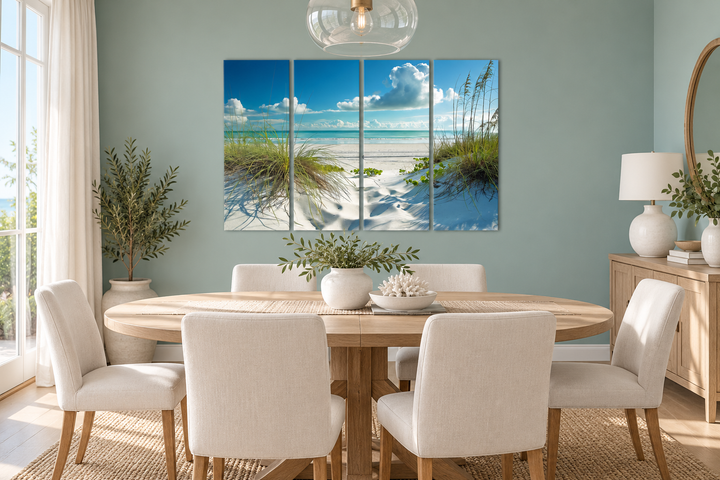 5-piece canvas wall art of a white sand beach with sea grass dunes in a coastal dining room.