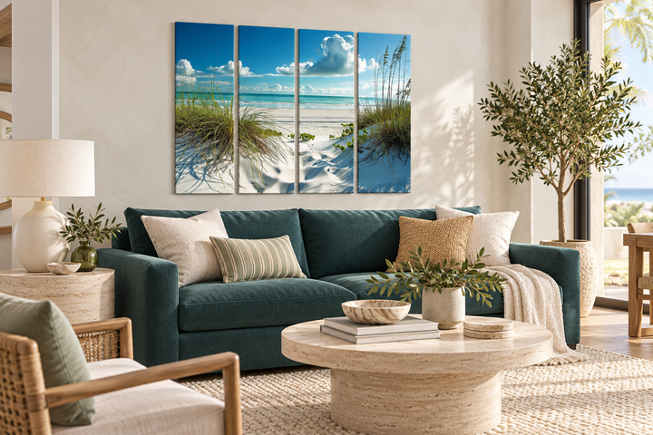 5-piece canvas wall art of a white sand beach with sea grass dunes above a teal sofa.