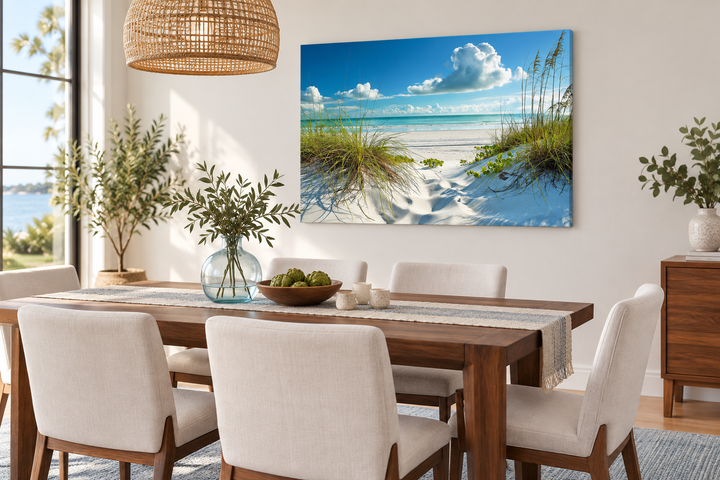 5 Piece White Sand Beach and Sea Grass Dunes wall art canvas in a coastal dining room setting.