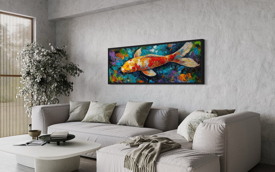 Colorful Koi Fish Long Narrow Framed Canvas Wall Art above grey couch