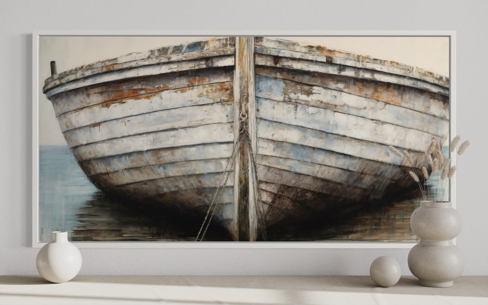 White Brown Rustic Old Boat Close Up Framed Canvas Wall Art close up