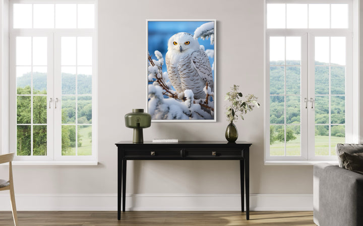 Snowy Owl In Snow Photography Style Framed Canvas Wall Art in living room