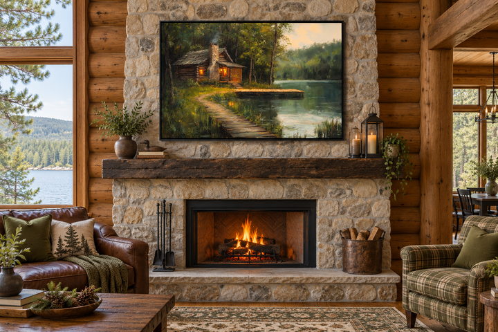Cabin On The Lake Framed Canvas Wall Art hanging above a stone fireplace in a rustic living room.