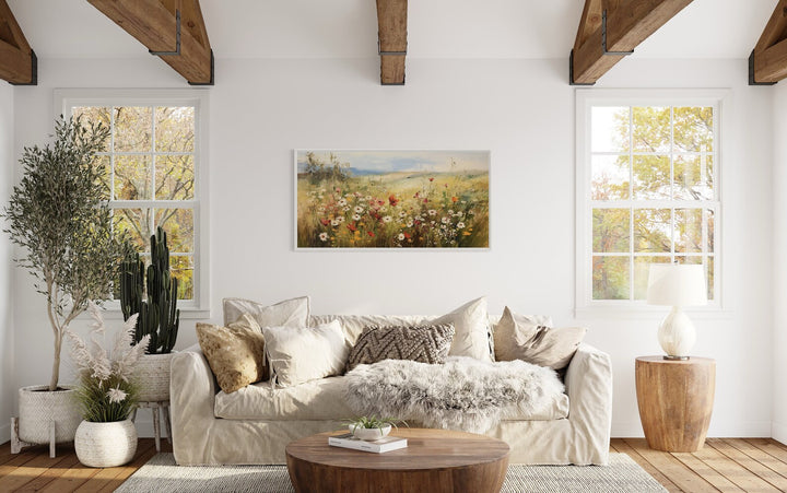 Wildflowers Field Farmhouse Canvas Wall Art above bed in living room