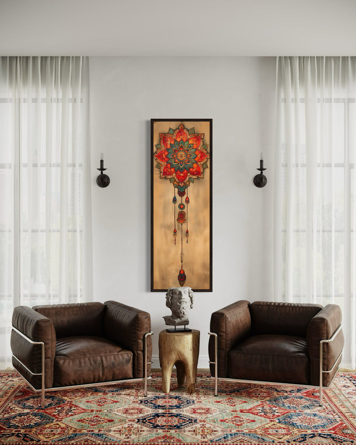 Long Vertical Boho Dreamcatcher Mandala Framed Canvas Wall Decor in a living room filled with furniture