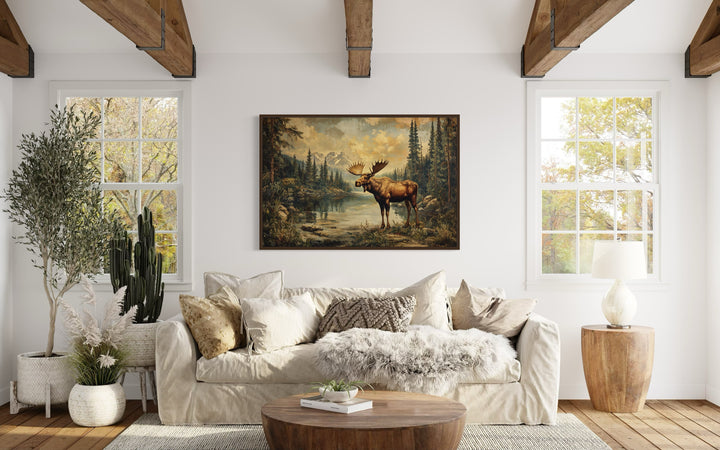 Moose in Mountain Wilderness Vintage Framed Canvas Wall Art in living room