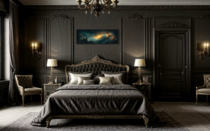 Cosmic Nebula Space Long Horizontal Canvas Wall Art in a bedroom with a large bed and a chandelier