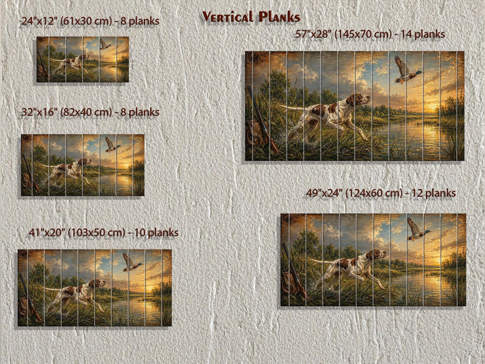 Hunting dog chasing a duck at sunset on vertical wood planks in five different size options.