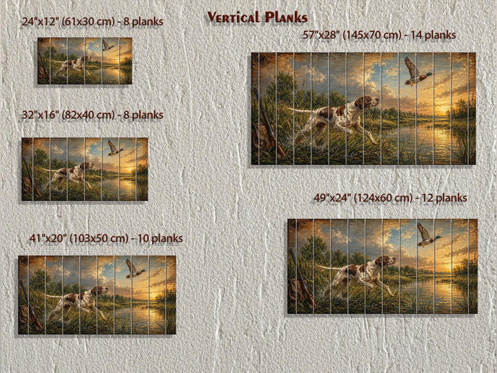 Hunting dog chasing a duck at sunset on vertical wood planks in five different size options.