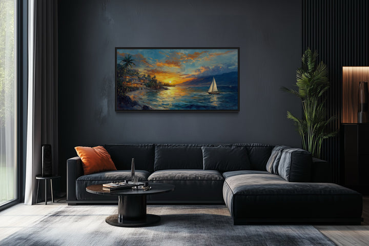 Jamaican Sunset Beach With Sailboat Framed Canvas Wall Art
