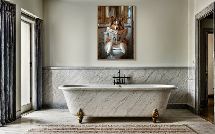 Shetland Sheepdog On The Toilet Reading Newspaper Picture in a bathroom with a tub