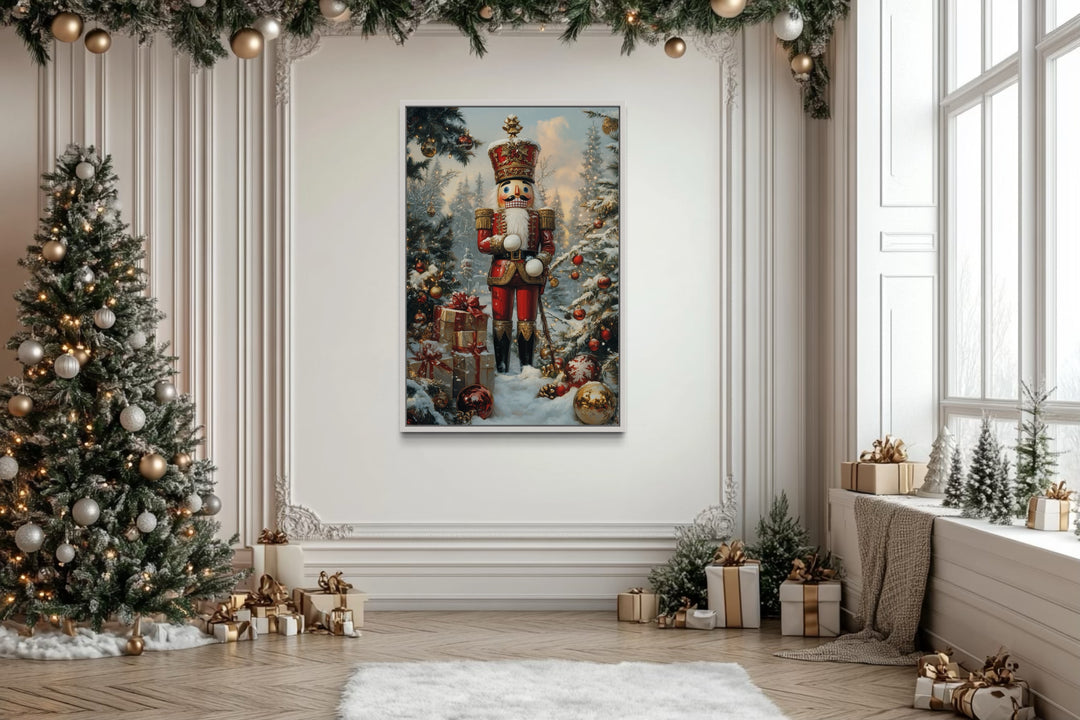 Nutcracker Under Christmas Tree Framed Canvas Wall Art in christmas room