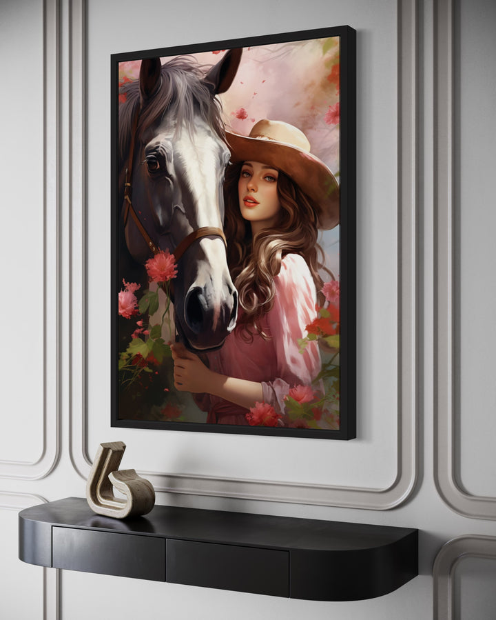 Western Cowgirl and Horse Floral Portrait Canvas Wall Art side view