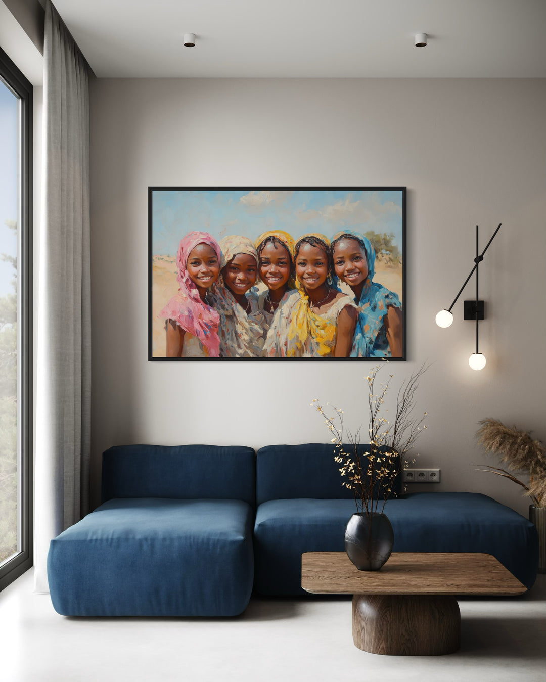 Smiling African Girls In Traditional Clothes Framed Canvas Wall Art in a living room with a blue couch