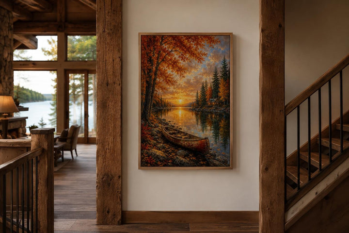 Canoe In Autumn Lake Wall Art - Fall Painting | Vertical Canvas Print, Rustic Cabin Decor
