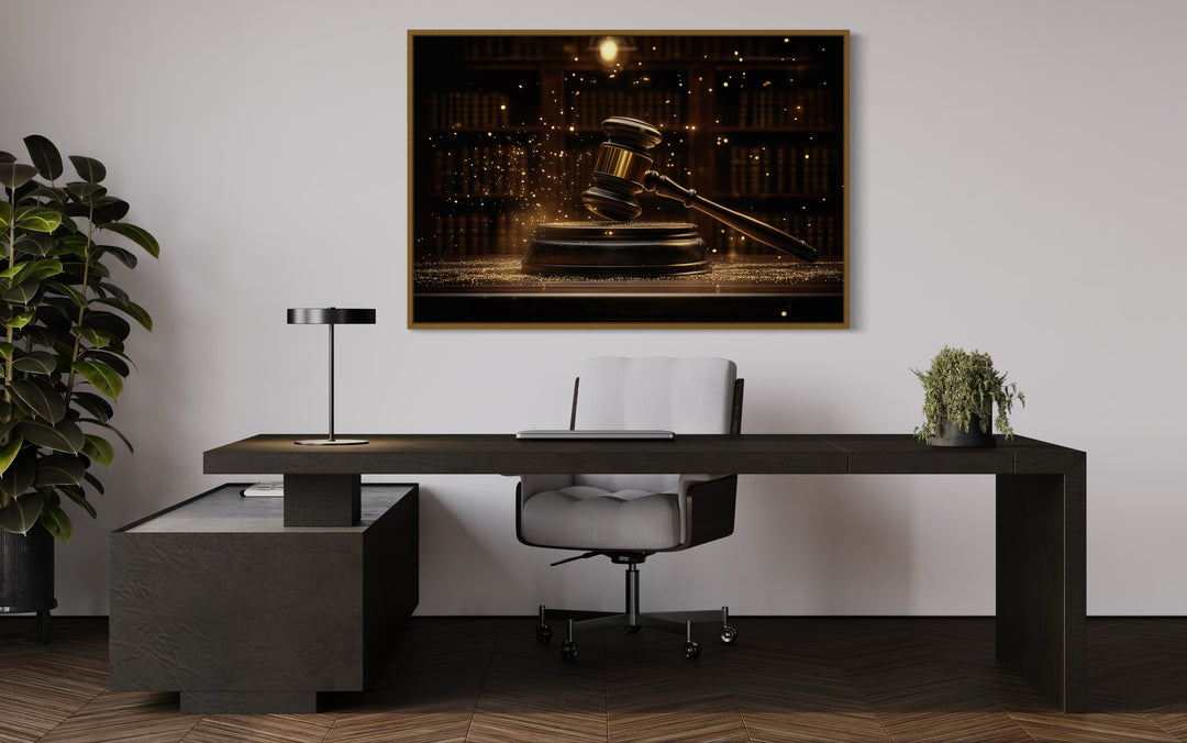 Golden Judge's Gavel Framed Canvas Wall Art in the office