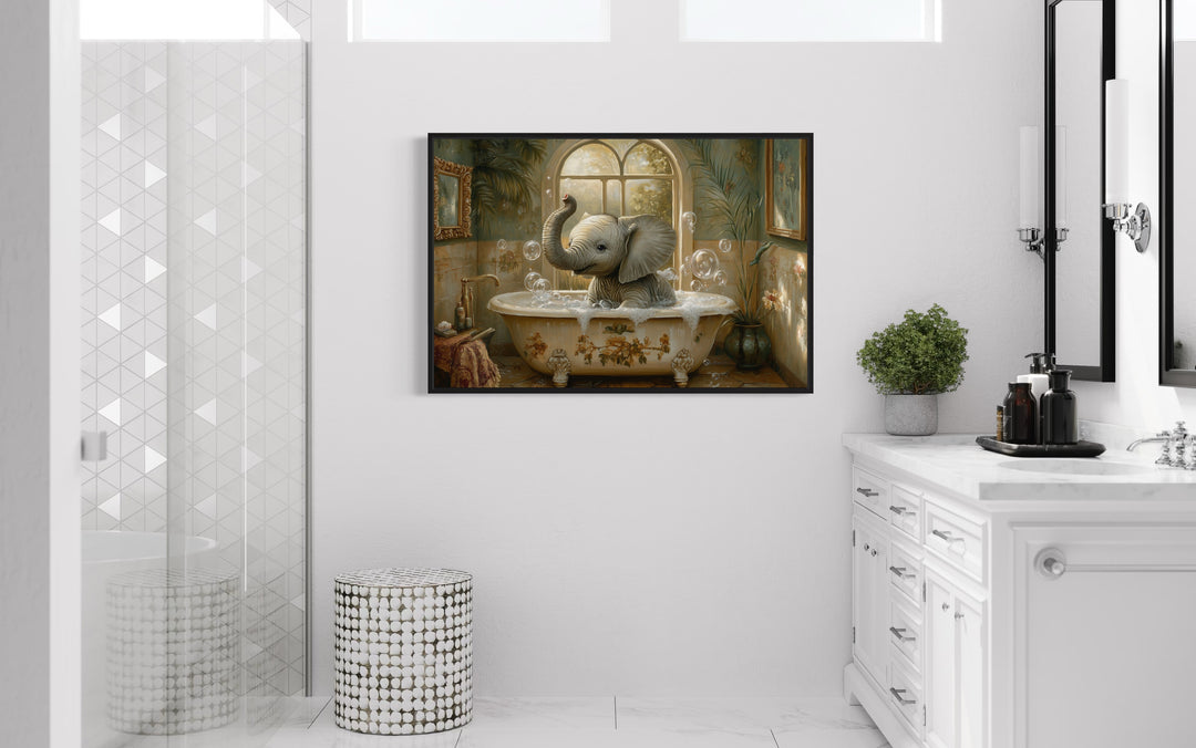 Baby Elephant in a Bathtub Framed Canvas Wall Art in bathroom