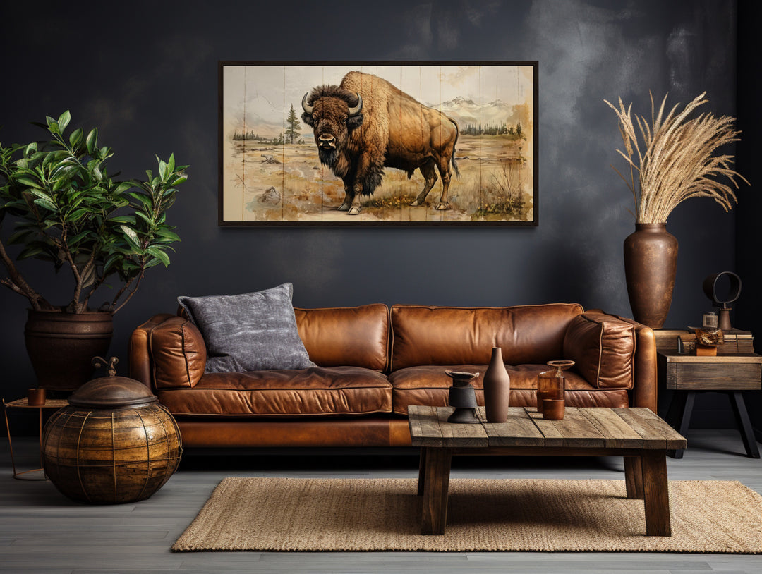 American Bison In Yellowstone National Park Framed Canvas Wall Decor above brown couch