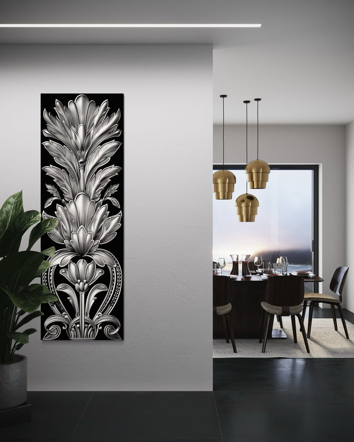 Tall Narrow Black Silver Art Deco Framed Canvas Wall Art in dining room