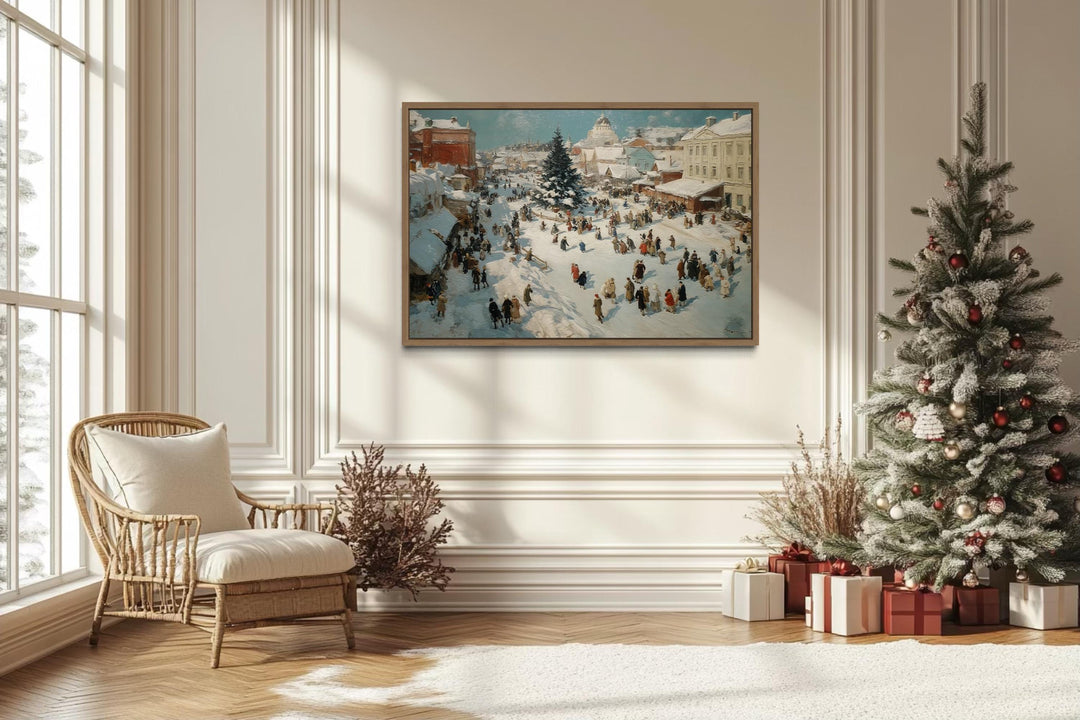 Antique Winter Village Christmas Market Scene Canvas Wall Art