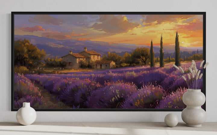 Lavender Fields of Provence At Sunset French Landscape Framed Canvas Wall Art close up