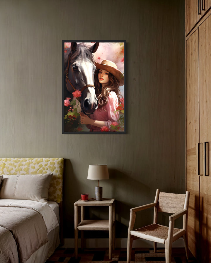 Western Cowgirl and Horse Floral Portrait Canvas Wall Art in a bedroom