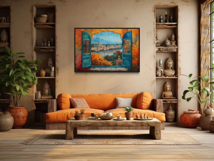 Window to India Canvas Wall Art - Vibrant Indian Grand Palace Landscape in indian living room