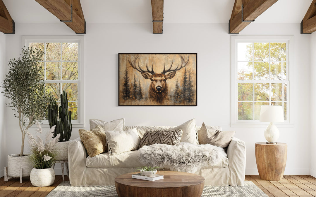 rustic Deer Painted On Wood Framed Canvas Wall Art in living room