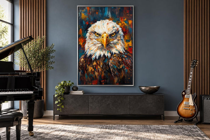 Bald eagle patriotic canvas wall art in a modern office with a piano and guitar.