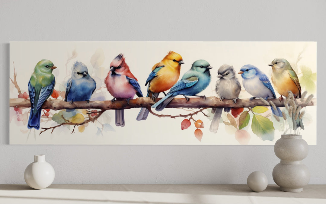 a painting of a group of birds sitting on a branch