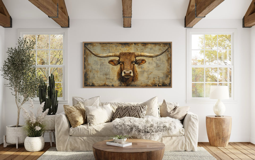 Brown Texas Longhorn Cow Head With Huge Horns On Beige Background Framed Canvas Wall Art above beige couch