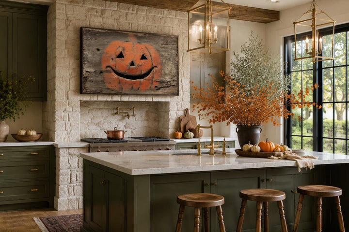 Primitive pumpkin canvas wall art on a weathered wood background in a rustic farmhouse kitchen.