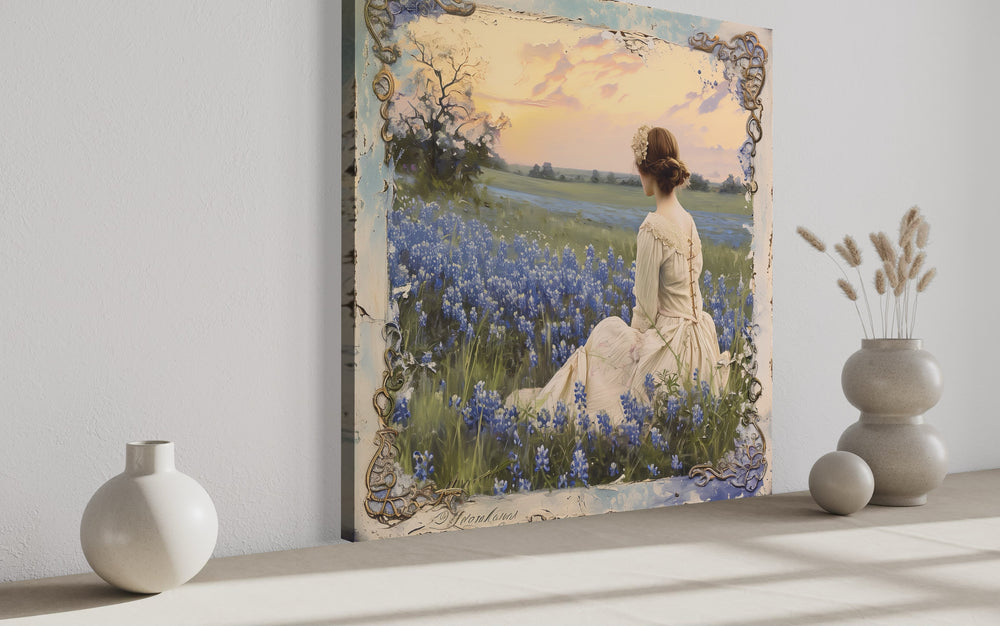 Vintage Lady in Bluebonnet Field Rustic Canvas Wall Art side view