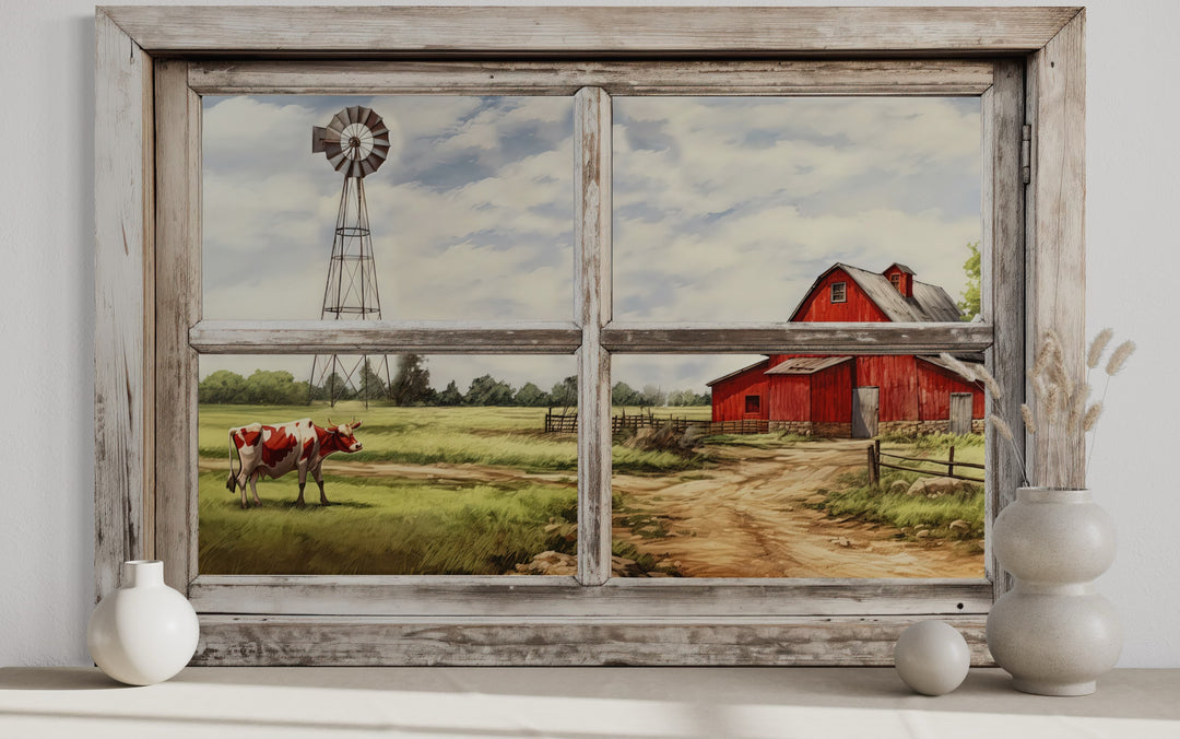 Farm With Red Barn And Cow Open Window Wall Art close up