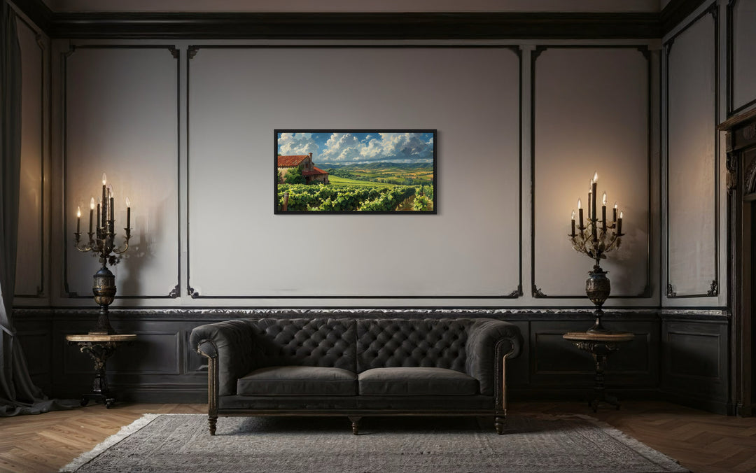 Vineyards in Bordeaux France Framed Canvas Wall Art in a living room with a couch