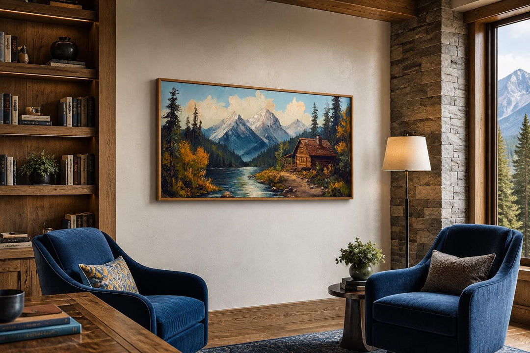 Mountain cabin on the river nature vintage style canvas wall art in a rustic living room.