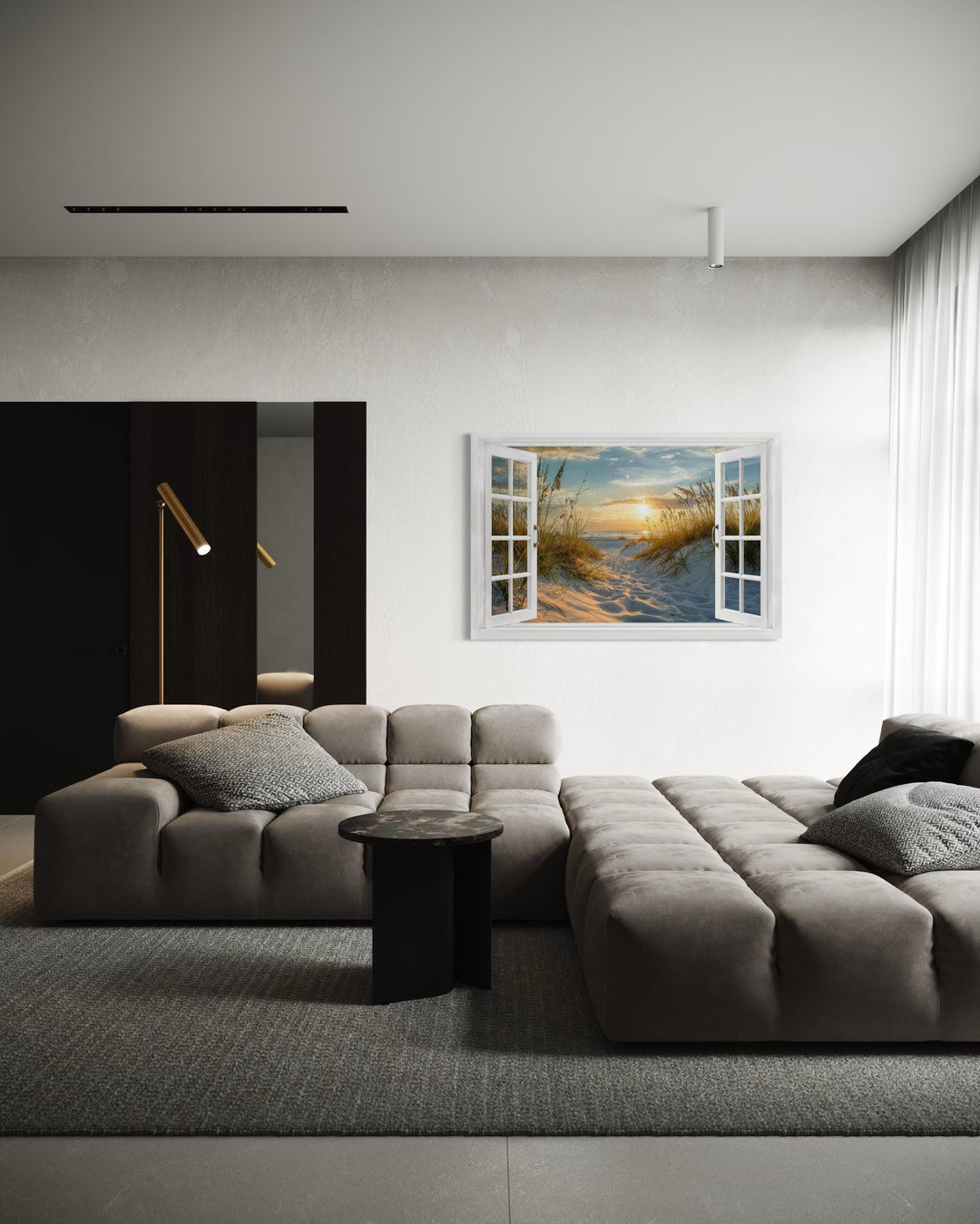 Fake Open Window View Beach Sunset Canvas Wall Art With Dunes and Beach Grass
