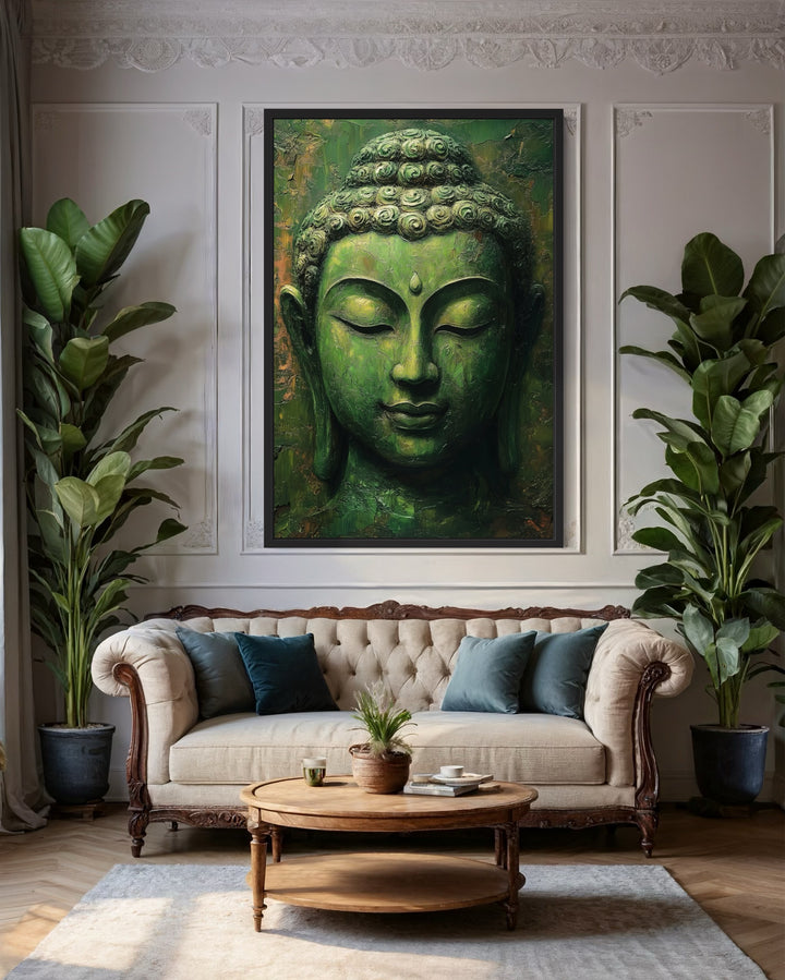 Large Green Buddha Statue Framed Canvas Wall Art