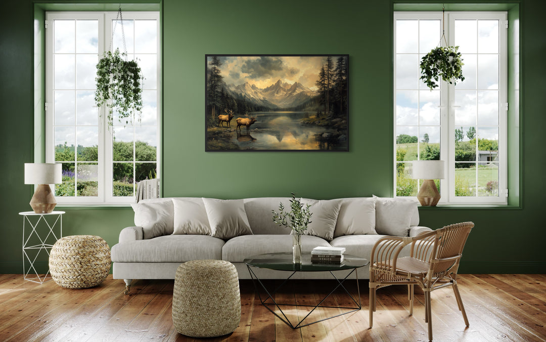 Two Elks By Mountain Lake Vintage Framed Canvas Wall Art in green living room