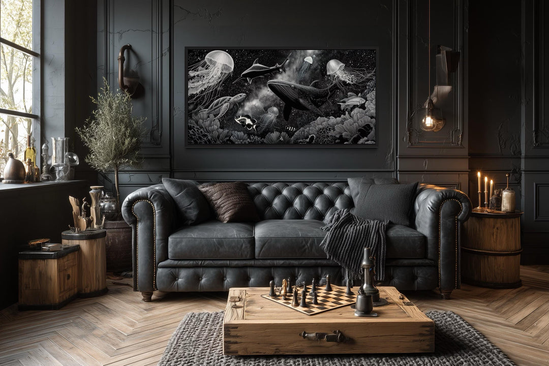 Black and White Underwater Ocean Scene Canvas Wall Art – Whale, Jellyfish, Sea Turtle, Coral Reef