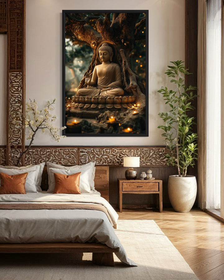 Buddha Statue With Candle Lights Zen Framed Canvas Wall Art