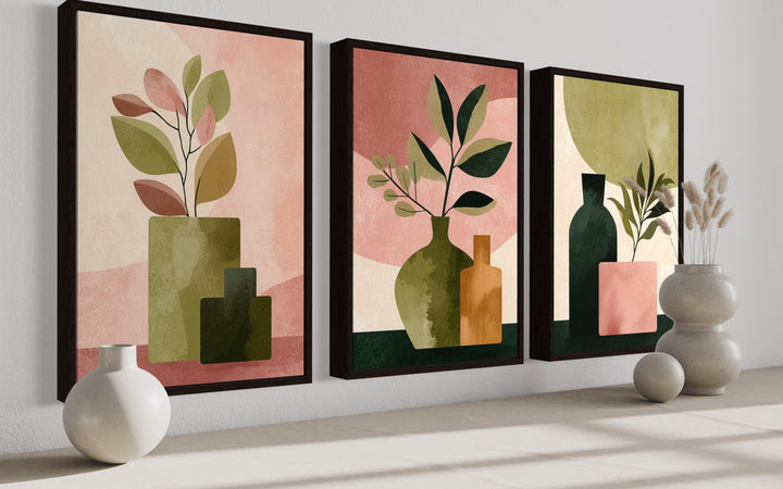 Set of 3 Framed Minimalist Botanical Blush Pink and Olive Green Vases With Leaves Wall Art