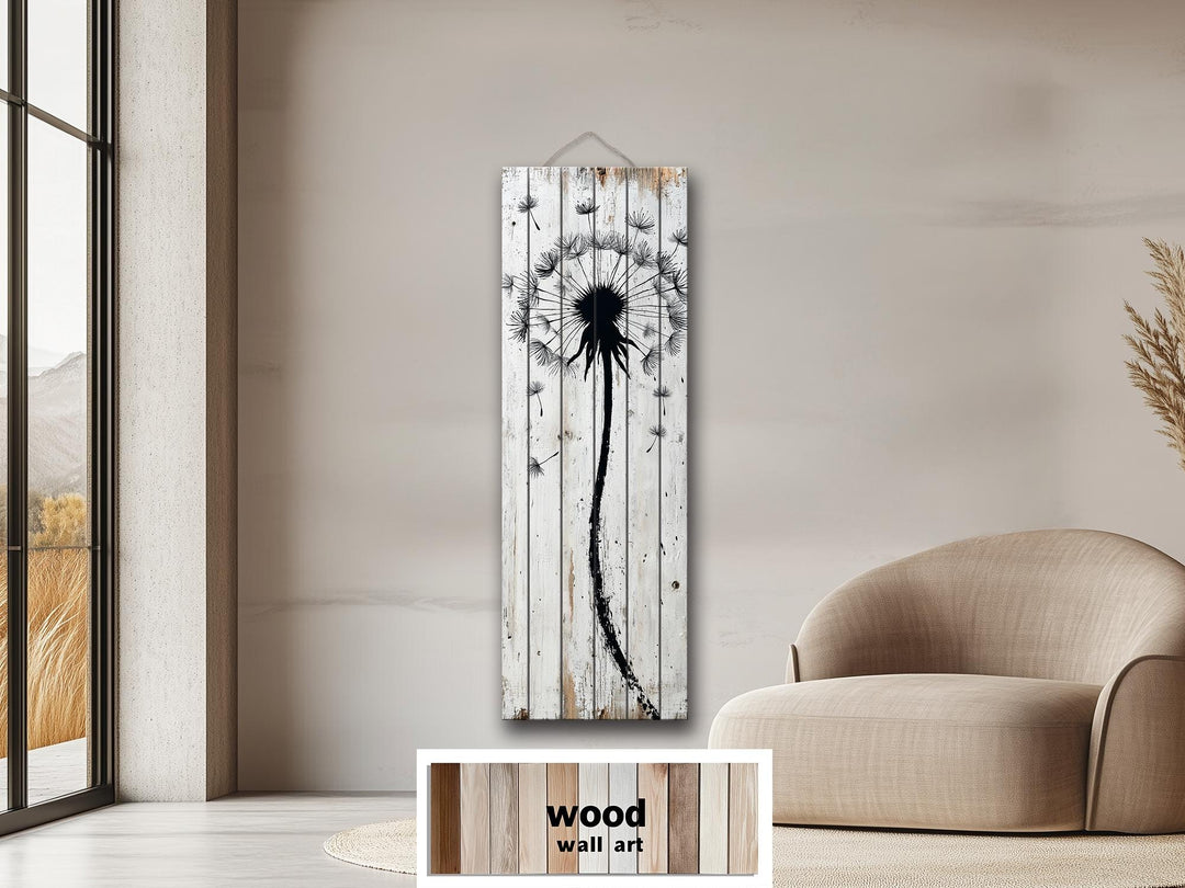 Tall Vertical Dandelion Wall Art - Whitewashed Distressed Wood Slim Rustic Floral Decor
