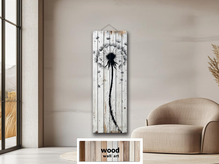 Tall Vertical Dandelion Wall Art - Whitewashed Distressed Wood Slim Rustic Floral Decor