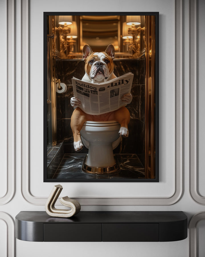 Bulldog On Toilet Reading Newspaper Framed Canvas Wall Art close up