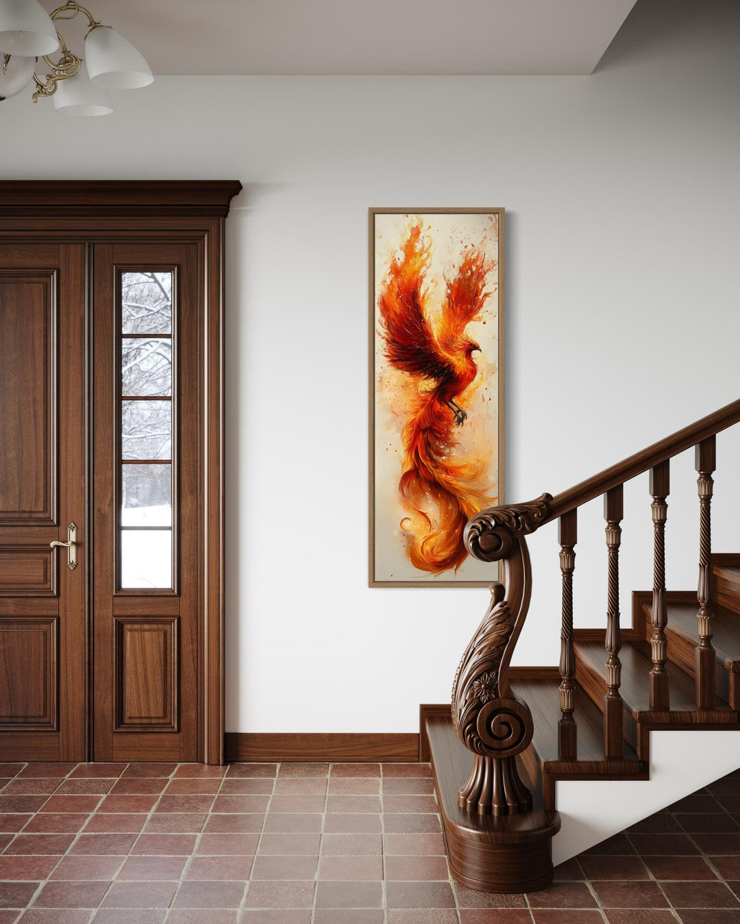 Tall Narrow Orange Beige Phoenix Framed Canvas Wall Art